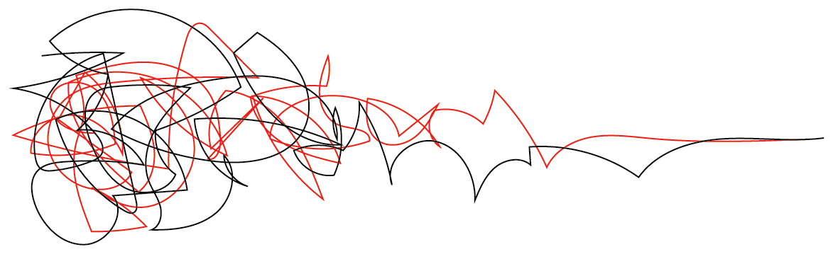 The Disciple Thinking mark: a black line and a red line, drawn by hand. They begin as a tangle, loosen, and run on together as one line.